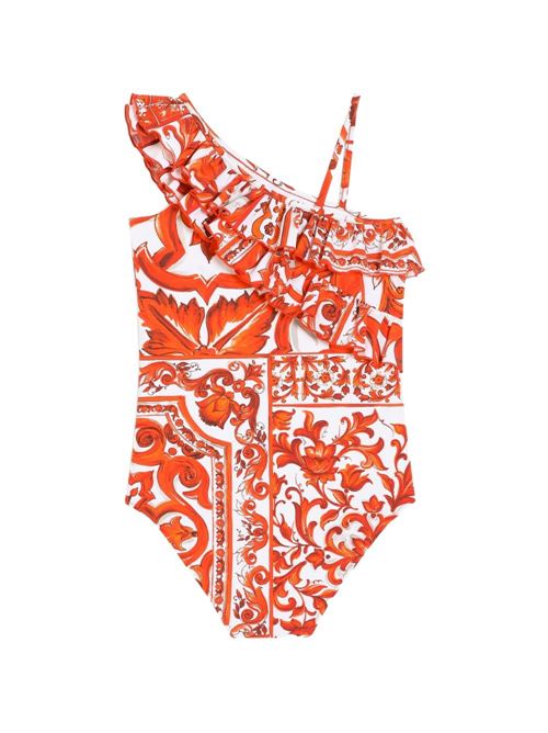 Costume intero bambina Dolce e Gabbana arancio con stampa Mix Maiolica Dolce & Gabbana Kids | L5J880ON0GUIO3TN
